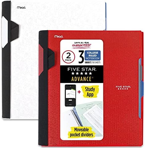 Notebooks espirais de cinco estrelas avançados + aplicativo de estudo, 2 pacote, 3 disciplinas, papel governado pela faculdade,