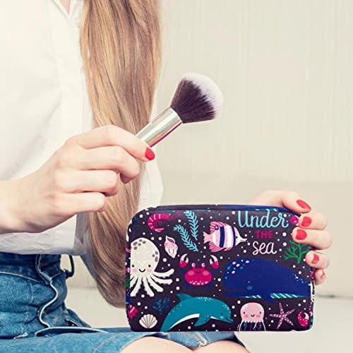Saco de maquiagem pequeno, organizador cosmético da bolsa com zíper para mulheres e meninas, baleia de tartaruga de cartoon polvo