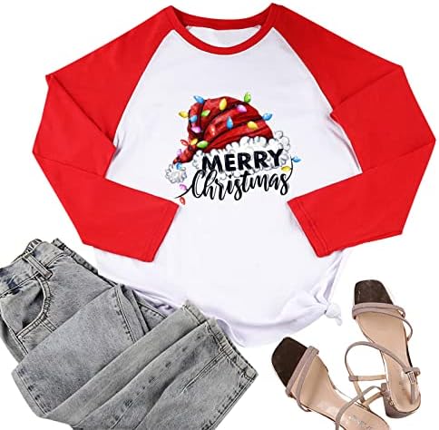 Prinha de Natal para mulheres Manga longa Manga raglan colorblock Tshirt Top Athletic Apparel