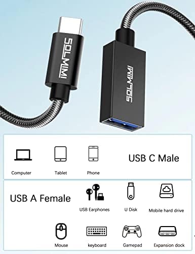 SOLMIMI USB C TO CABO feminino USB, homem tipo C para USB A 3.1 fêmea no cabo GO 5Gbps Dados compatíveis com Samsung Galaxys9/S10/S20/S21,