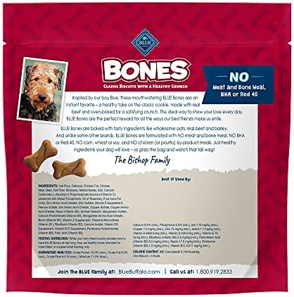Blue Buffalo Bones Trelas de cachorro crocantes naturais, mini biscoitos de cães, carne bovina