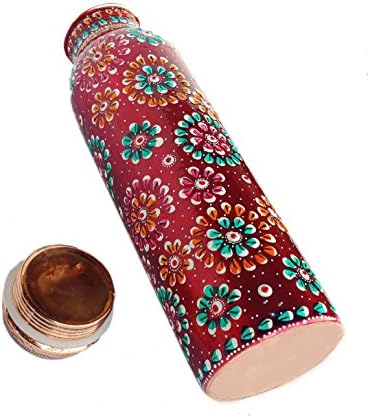 Rastogi Handicrafts Bottle Copper Bottle pintado com a mão Red Capacidade -950 ml/33 oz para armazenamento de água