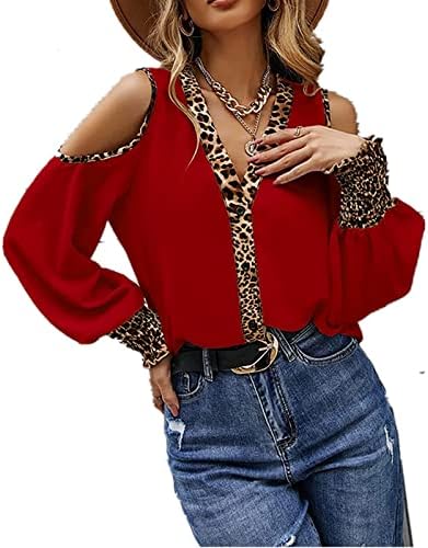 Overmal Women Feminino Casual Painel de Leopardo Varneira V Camiseta de Manga Longa de Manga Longa