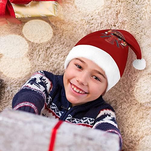 Emblemas de bombeiro, chapéu de natal macia e bom chapéus de Papai Noel com borda de pelúcia e decoração de natal de conforto