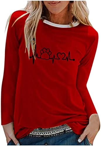 Top camisa para mulheres verão outono de manga comprida Roupos colorida Cotton Crewneck Heart Love Graphic Brunch Top YH YH