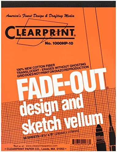 ClearPrint Vellum Pad com grade de desbotamento 10x10, 8,5x11 polegadas, 16 lb., 60 gsm, 1000h algodão, 50 folhas