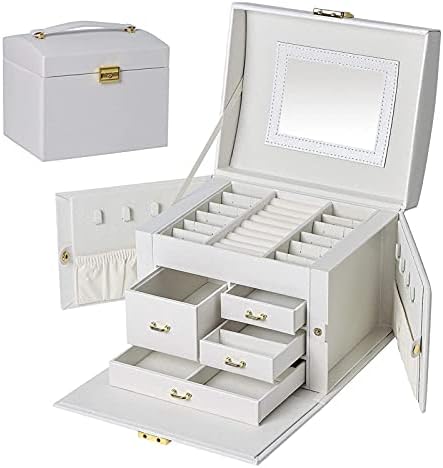 Caixa de jóias de jóias de jóias JHSJ, organizador de jóias de couro com 4 gavetas, espelho grande, caixa de armazenamento