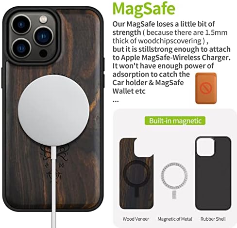 Caixa de madeira magnética do Carveit para iPhone 14 Pro Max [madeira natural e preto tpu macio] Capa de proteção à prova
