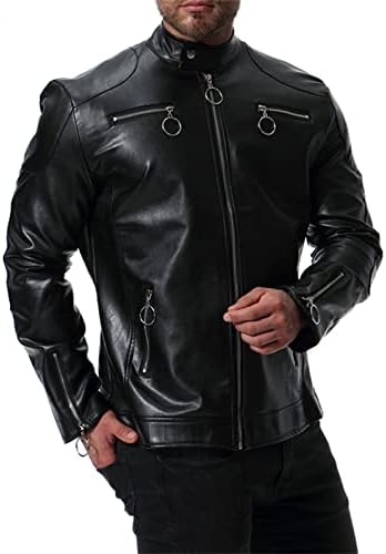 Jaqueta de couro falsa casual masculina Stand Stand Collar Retro Motorcycle Jacket Long Sleeve Zip Up Casat com bolsos com zíper