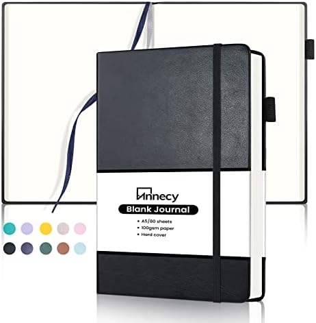 Annecy Blank Journal Notebook, Médio 5.5x 8.25, 160 páginas Pap papel de escrita de 100gsm, capa de couro Faux A5 Black com loop de caneta