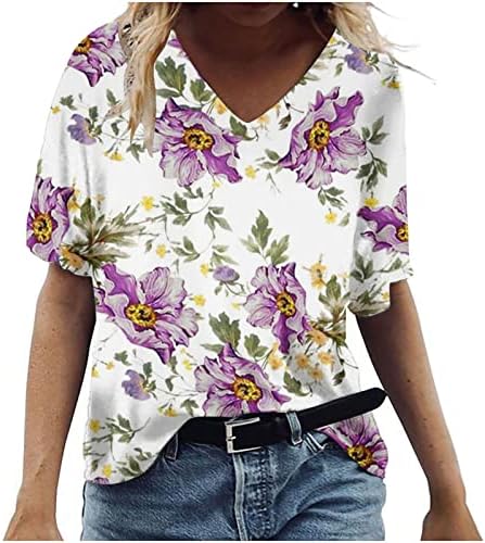 Blouses casuais para meninas manga curta Defined V Neck Floral Graphic Soly Fit Plus Size Bloups Shirts feminino II