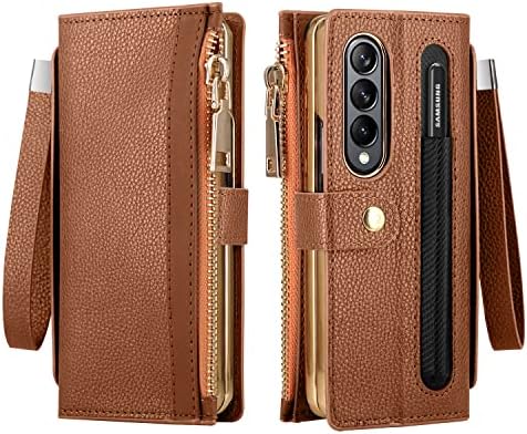 DDUP para Galaxy Z Fold 4 Caixa da carteira, capa Flip Kickstand RFID Bloqueio de cartão de crédito com S Pen Holder Zipper