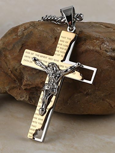 Hzman Men's Stainless Aceless Cross Crucifix Bíblia Pingente Pingente Colar 22+2 Chain
