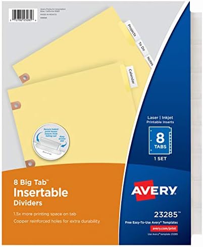 Avery 23285 Divisores de Big Tab insertáveis, 8-TAB, letra, Limpa
