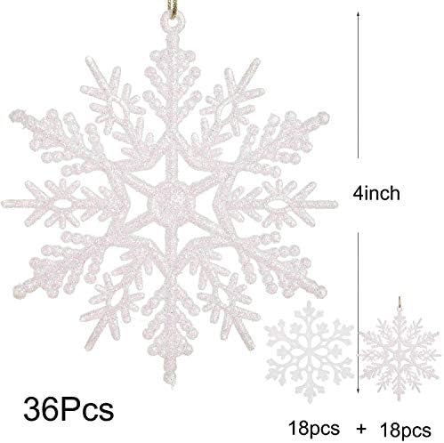 Lvydec 36pcs Natal Glitter Snowflake Ornamentos, Flakes de neve de plástico Decorações de árvores de Natal para decoração