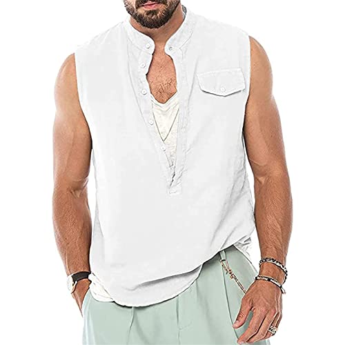 Linho de algodão masculino henley tampo top v pescoço sem mangas de botão camisetas