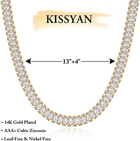 Colar de tênis de diamante Kissyan para mulheres, 14k/ouro branco banhado cúbico zirconia baguete tênis cadeia grossa de papel