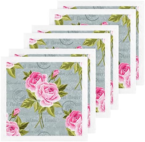 Pano de lavagem Alaza Rosas rosa em cartão postal vintage - pacote de 6, panos de algodão, toalhas altamente absorventes e macias da ponta dos dedos