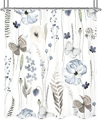 Cortina de chuveiro de flores silvestres cinza azul Riyidecor, 60wx72h polegada aquarela floral floral flor, folhas de planta, jardim de borboleta para meninas decoração de banheiro decoração de tecido poliéster à prova d'água de 12 ganchos de embalagem