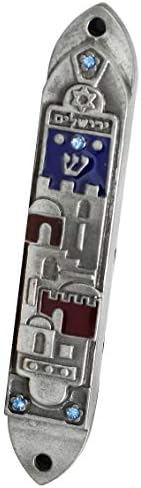 Mercado da Terra Santa PEWTER JERUSALEM PANORAMA OU MALLS DE CIDADE VELHA COM PRIMEIRAS AZUL E RED RED - MEZUZAH