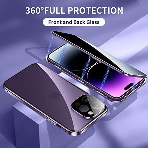 Caso anti -peeping para iPhone 14 Pro, Jonwelsy 360 graus de vidro de privacidade dianteiro e traseiro Tampa de vidro, tela anti -espião, pára -choque de metal de adsorção magnética anti Peep para iPhone 14 Pro