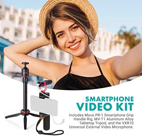 MOVO VXR10+ Smartphone Video PLEG com mini tripé, aderência do telefone e microfone de vídeo compatível com iPhone 11, 11 Pro, Xs, Xr, X, 8, 7, 6s, 6, 5s e Android - para YouTube, Filming, Vlogging Kit Gear Gear