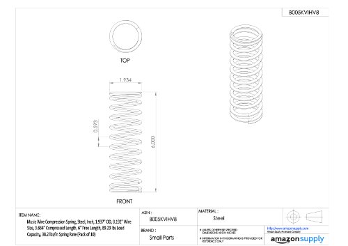 Música Spring de compressão, aço, polegada, 1,937 OD, 0,192 tamanho do fio, 3,664 comprimento comprimido, comprimento