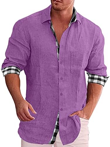 Camisas para baixo de linho de algodão masculino do ZDDO, camisa de retalhos de retalhos de retalhos xadrez de manga longa de queda