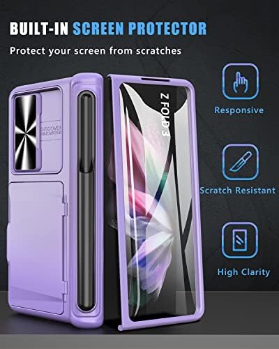 Vihibii para Galaxy Z Fold 3 Case com suporte para cartão e suporte para canetas, tampa de câmera deslizante e protactação de dobradiça e protetor de kickstand e tela, caixa multifuncional para Samsung Galaxy Z Fold 3 2021
