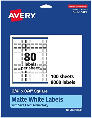 Avery Matte White Square Rótulos com alimento certo, 3/4 x 3/4, 8.000 etiquetas imprimíveis em branco fosco