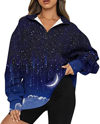 Kuaileya 1/4 Pullover zip Tops casuais para feminino com estampa de moda feminina Halte zíper solar moletom de pullover de ajuste