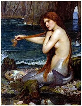 ALONLINE ART - Uma sereia por Waterhouse | Imagem emoldurada de prata impressa em tela algodão, anexada à placa