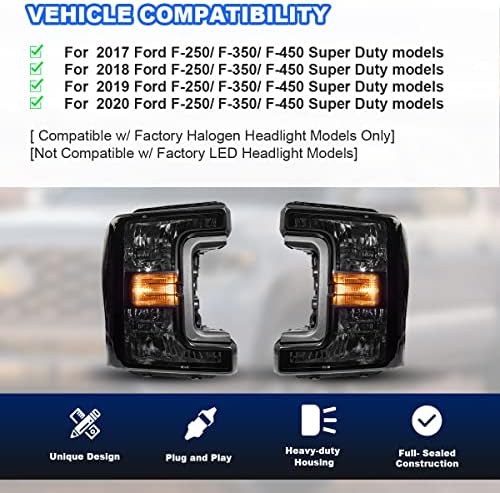 Assembléia de faróis Roxx para 2017 2018 2019 Ford F250/ F350/ F450 Super Diretor, faróis de estilo de fábrica param com alto feixe baixo, refletor de âmbar, lados de passageiros e motoristas [lente de fumaça]