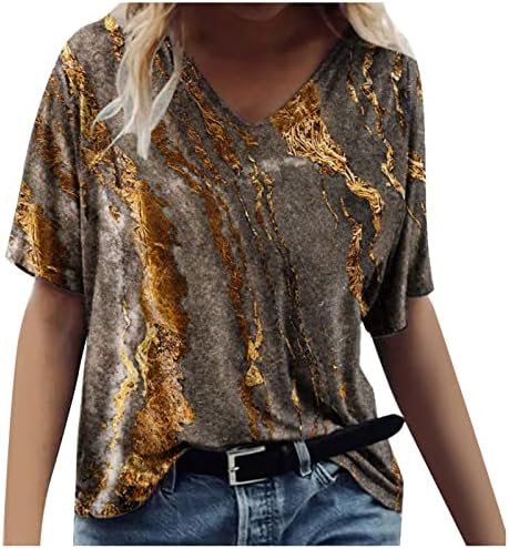 Camiseta de blusa para meninas adolescentes de manga curta barril de algodão vneck pescoço mármore brunch solto fit blusa