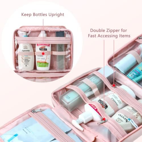Saco de saco de higiene pessoal ZPP com gancho de suspensão, maquiagem portátil de maquiagem Organizador de viagens para acessórios, shampoo, recipiente de tamanho completo, produtos de higiene pessoal, rosa