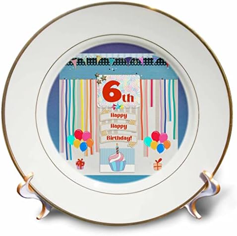 Imagem 3drose da etiqueta de 6º aniversário, cupcake, vela, balões, presente, serpentinas - placas