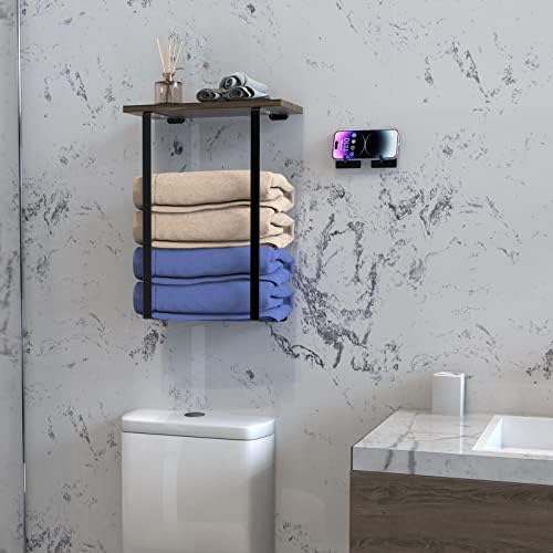 Toalhas de toalhas montadas na parede para decoração do banheiro, suporte de toalha laminado no banheiro com prateleira de madeira, toalhas de metal com 2 ganchos de adesivo preto, simplicidade de armazenamento do banheiro