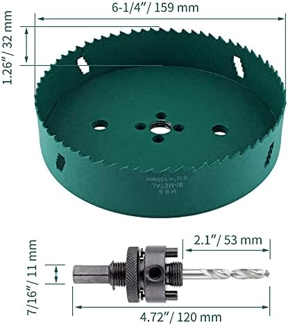 Kyuionty 6-1/4 polegadas 159 mm serra com arboria pesada, serras de orifício de madeira Bi-metal HSS Bit Bit 1,26 polegada