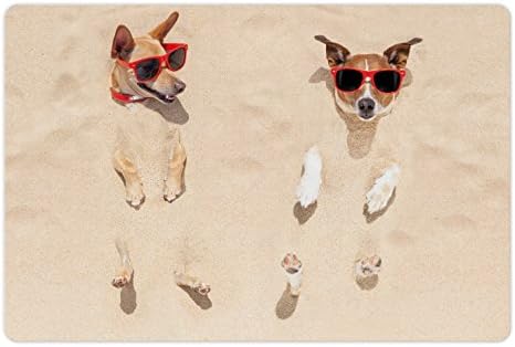 Lunarable Funny Pet Tapete para comida e água, 2 cães enterrados na areia na praia no verão Bobando de sol para filhotes de férias, retângulo de borracha sem deslizamento para cães e gatos, pêssego