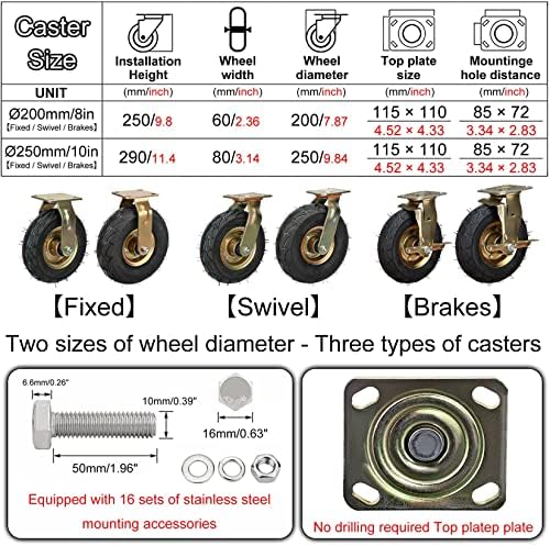 Esoyawe 4 pacote de 8 polegadas 10 polegadas de mamona pesada rodas com placa superior 4 x 4,5, rodízio pneumático de