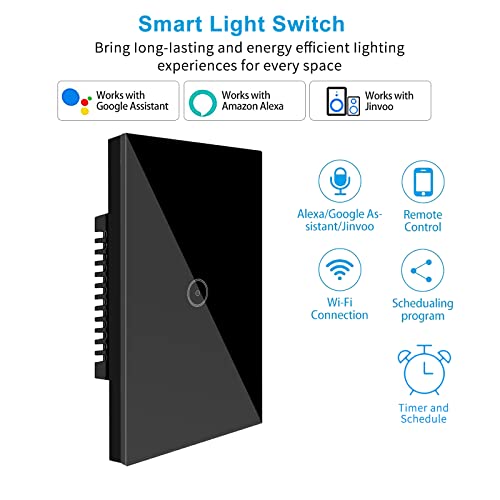 JinVoo Smart Light Switch, Switch Wi-Fi, fio neutro necessário para o interruptor de parede inteligente Touch, o interruptor de luz do painel de vidro de 2,4 GHz funciona com o aplicativo Smart Life/Tuya, Alexa e o Google Home