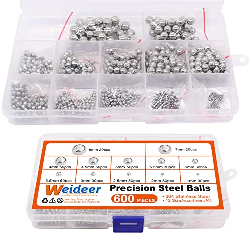 Weideer 600pcs 12 tamanho de aço inoxidável bolas de aço de aço de aço de 1 a 8mm de bico métricas de rolamento de bolas de sortimento