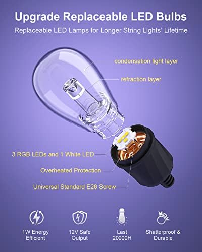 XMCOSY+ Luzes de cordas externas, luzes externas de 96 pés RGBW para pátio 30 lâmpadas, LED LUZES SMART WIFI PATIO DE PATIO FUNCIONA
