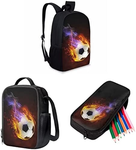 Backpack da escola de futebol de Flame de 17 polegadas Amzprint para meninos Middle School 3 em 1 mochila de bola de futebol com lancheira