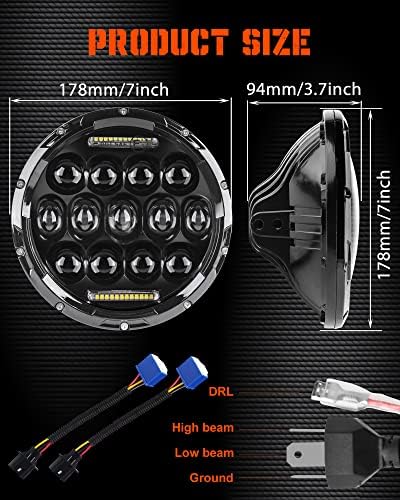 UNI-Shine 7 polegadas LED FARECLE ROUNTE 2PCS E-SARK APROVADO DE 6000K/3500 BRANCO AMBER DRL HI/LO BEAM, Compatível com Jeep Wrangler