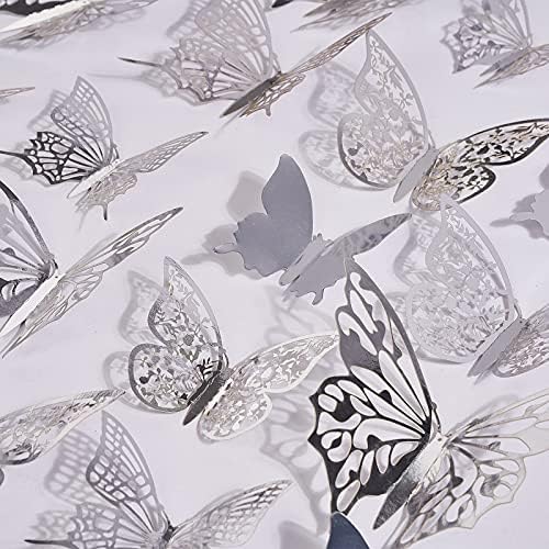 Decoração de parede de borboleta em festa, 84 PCs decalques de parede de borboleta 3D, decoração de borboleta prata, 3 tamanhos de decoração de borboleta removível adesivos de decoração, decorações de borboletas murais para bolo de festas