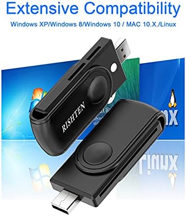 Rishten USB Smart Card Reader CAC Card Reader Compatível com Windows Mac Linux, DOD Militar USB Common Access CAC para TF SD