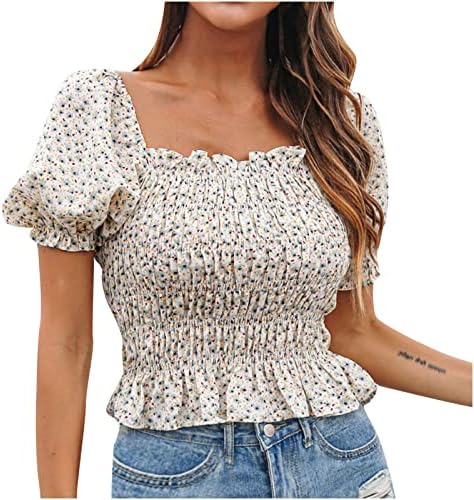 Camisas de moda de verão feminino babados de manga curta Blusa de pescoço quadrado Tops