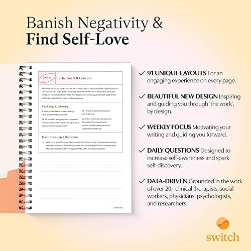 Switch Research Terapeuta de auto-amor de 91 dias Recomendado e a ciência apoiou o diário de autocuidado para praticar amor próprio, gratidão, atenção plena, mudar sua mentalidade em apenas 10 minutos por dia