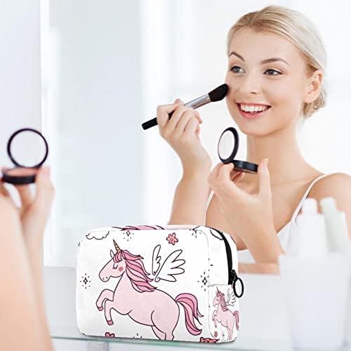 Saco de maquiagem pequena, organizador cosmético de bolsa com zíper para mulheres e meninas, Flor Pink de Cartoon Unicorn